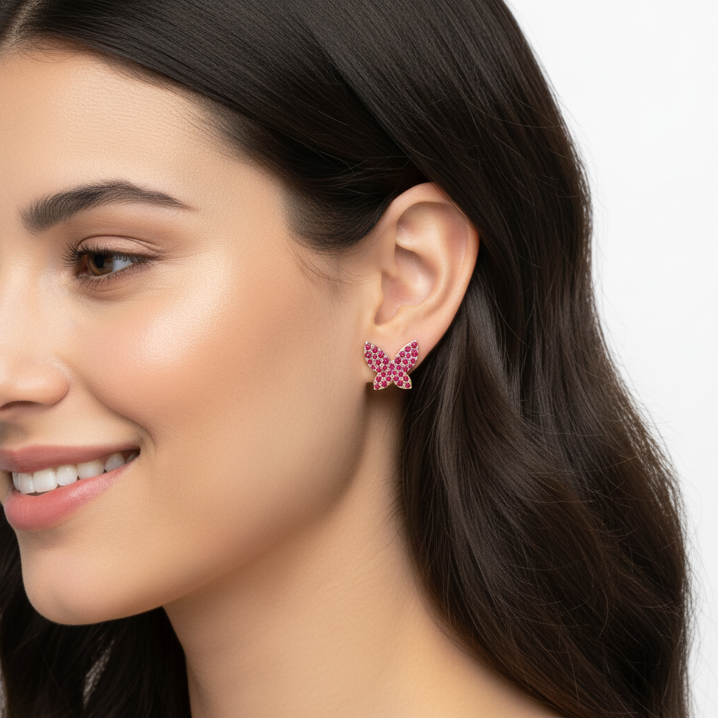 Pink Crystal Butterfly Stud Earrings With Screw Back Closure - Two