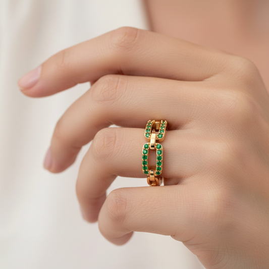 Lab-Grown Emerald Interlocking Link Ring in Yellow Gold | Double Pave Luxury Chain Design Statement Ring for Women | Jebij