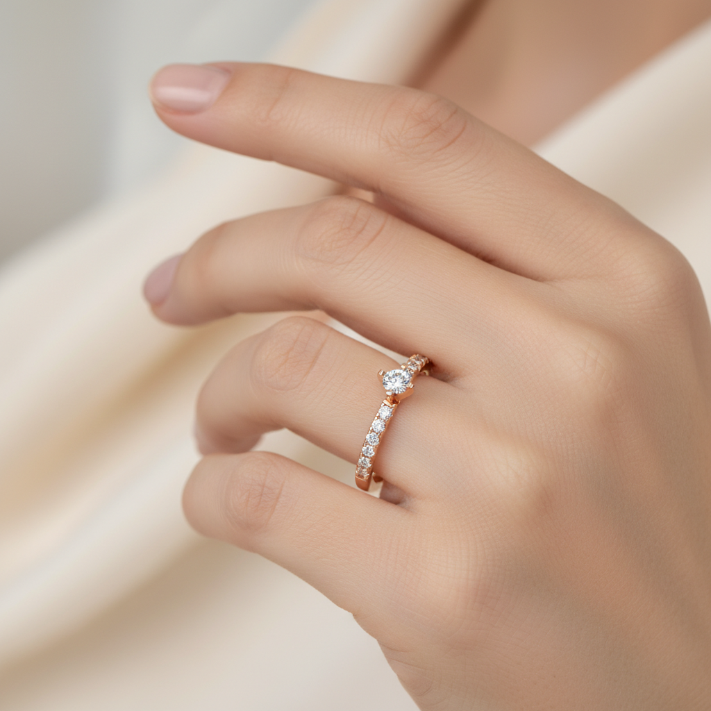 Rose Gold Diamond Solitaire Engagement Ring With Pave Band - Two