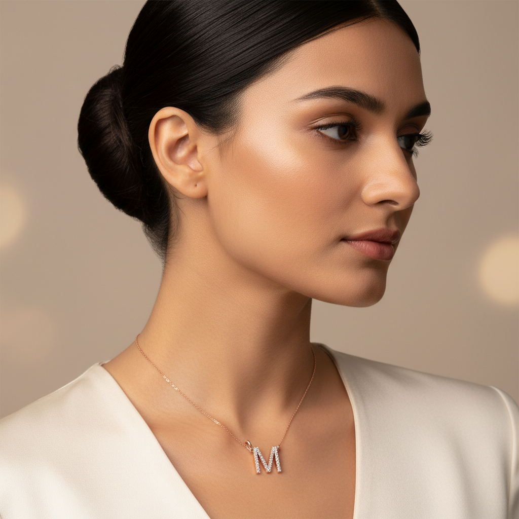 Diamond Letter M Charm Pendant in Rose Gold