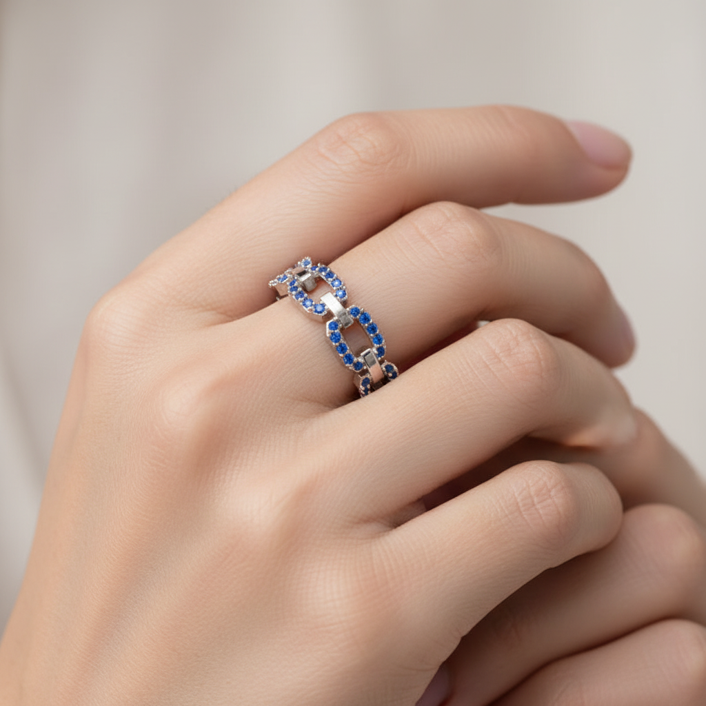 Blue Sapphire Chain Link Ring In White Gold | Double Pave Interlocking Statement Luxury Ring For Women | Jebij - Two