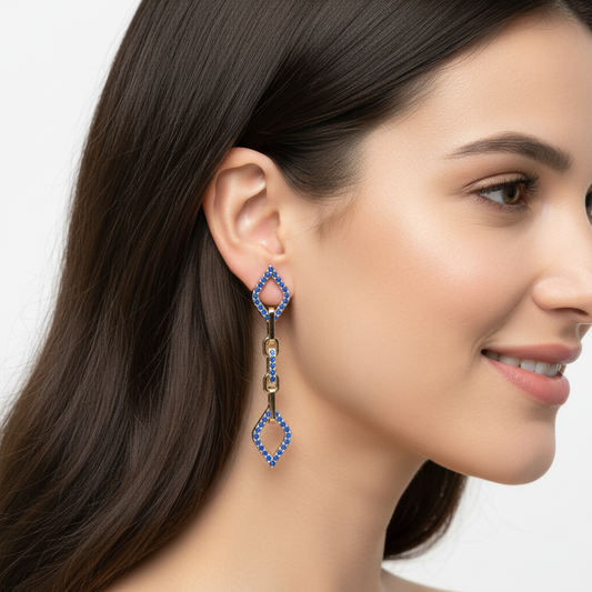 Blue Sapphire Chain Link Drop Earrings With Diamond Shaped Frames - Two