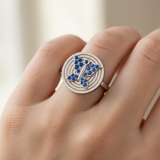 Blue Sapphire Butterfly Concentric Circle Ring - Two