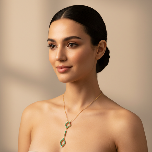 Lab-Grown Emerald Geometric Drop Pendant Necklace In White Gold | Adjustable 16–17 Inch Chain - Two