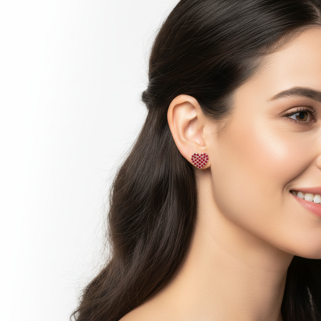 Pav Heart Stud Earrings With Pink Gemstones - Two