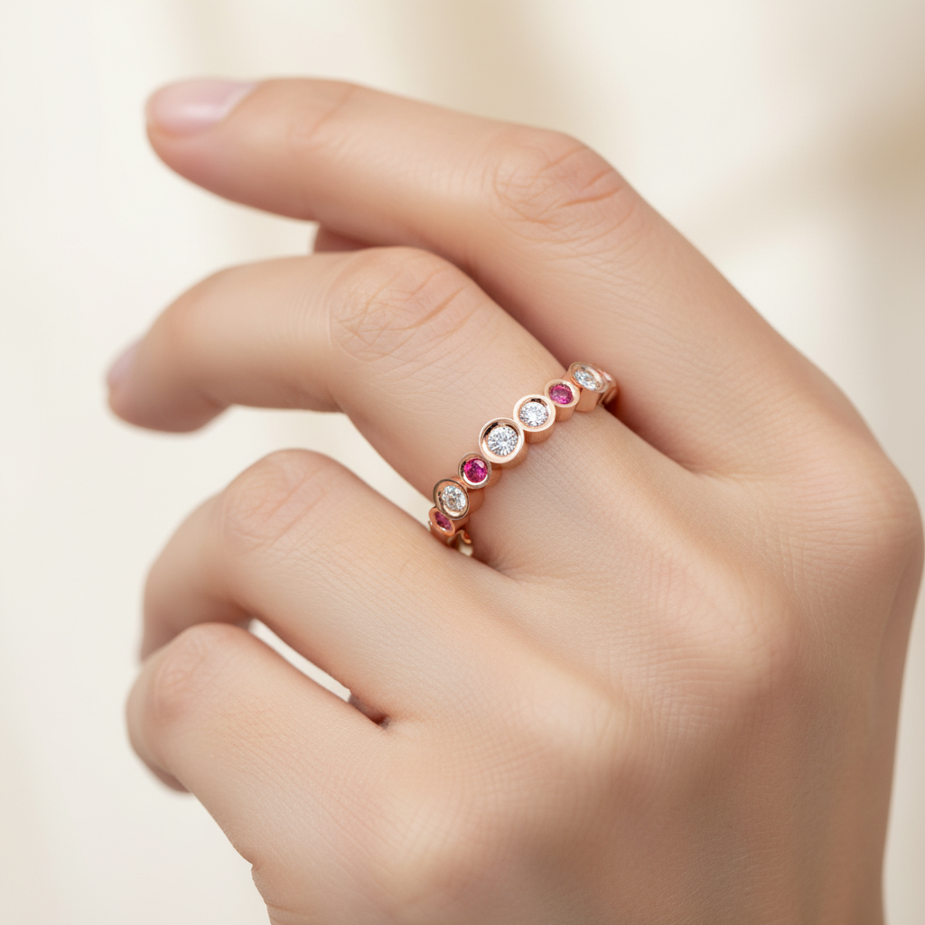 Alternating Pink And White Bezel Set Stackable Ring - Eight