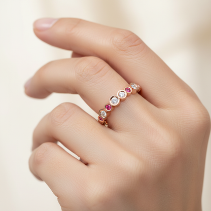 Alternating Pink And White Bezel Set Stackable Ring - Eight