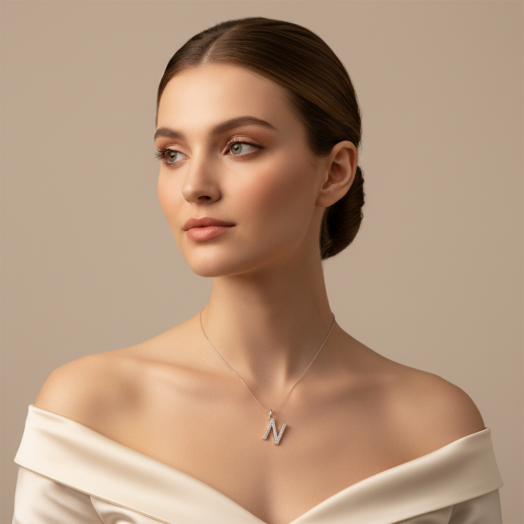 Diamond Initial N Letter Pendant Charm in White Gold