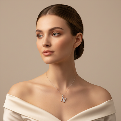 Diamond Initial N Letter Pendant Charm in White Gold