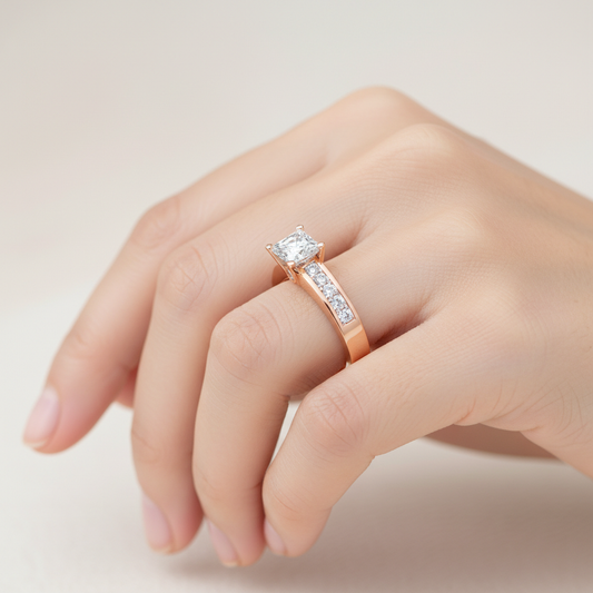 Rose Gold Solitaire Diamond Engagement Ring with Hidden Accent Stone