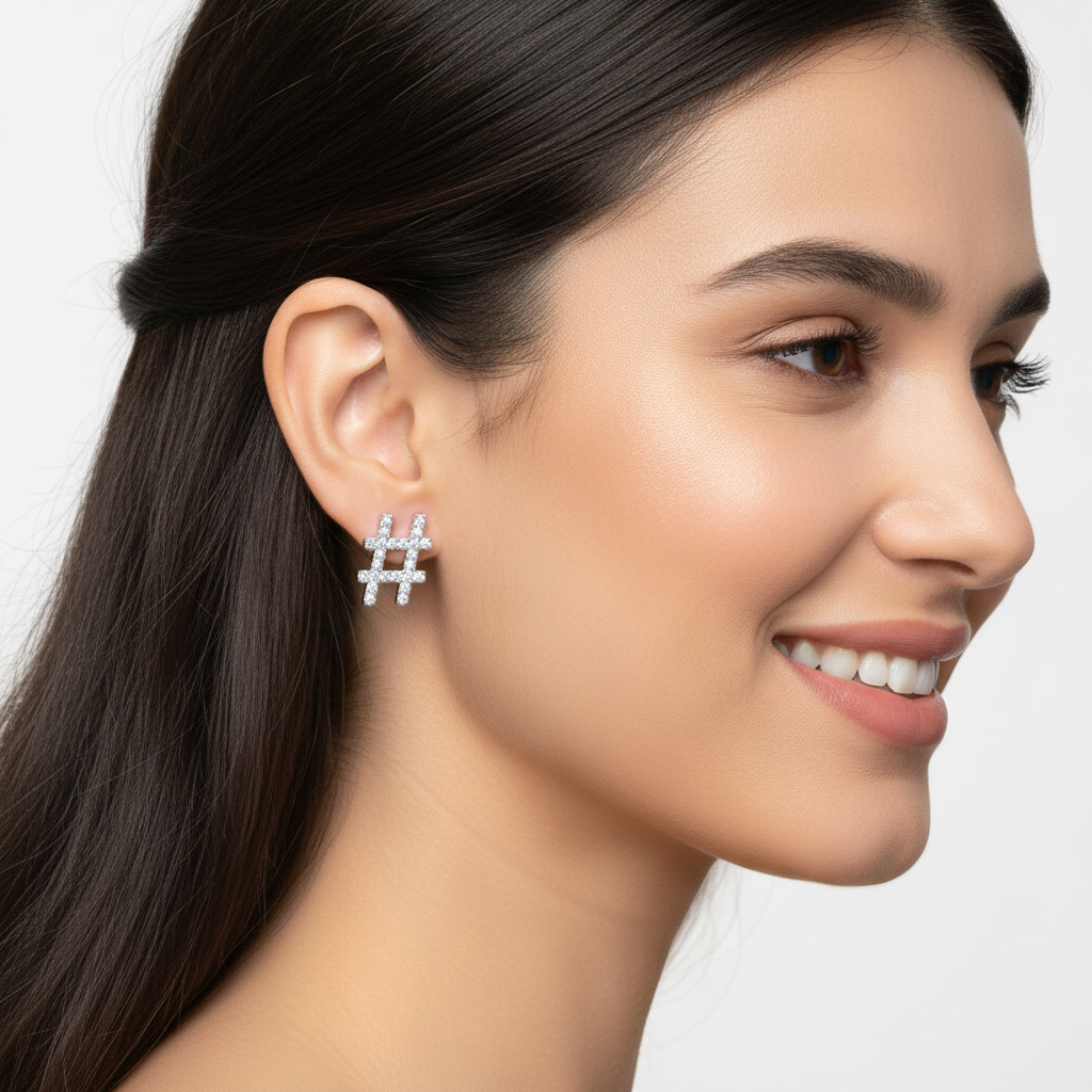 Hashtag Symbol Diamond Stud Earrings With Screw Back - Two