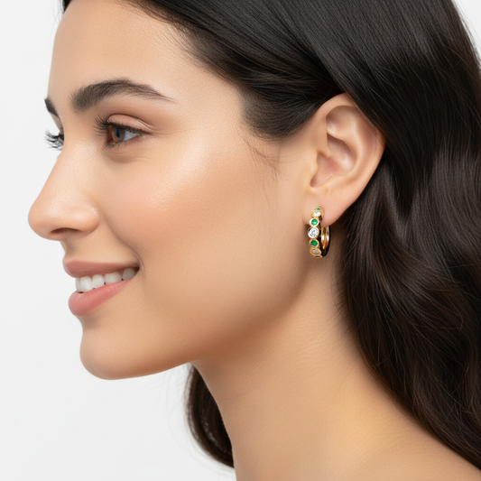 Diamond  And Gemstone Bezel Set Huggie Hoop Earrings In Yellow Gold - Two