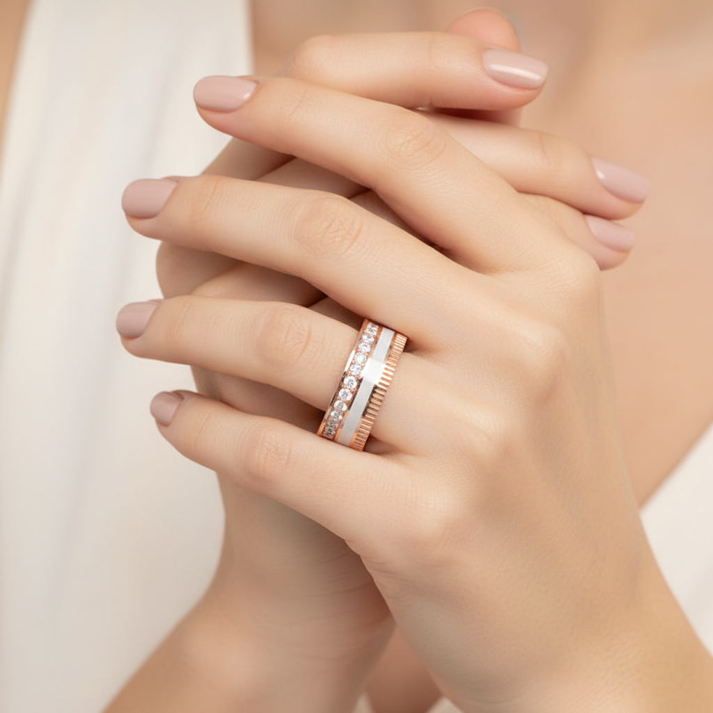 Rose Gold Diamond Band Ring with White Enamel Center – Modern Customizable Statement Ring | Jebij