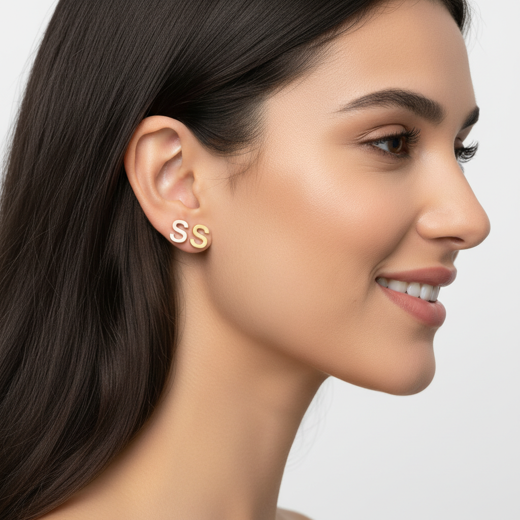 Gold Letter S Initial Stud Earrings - Two