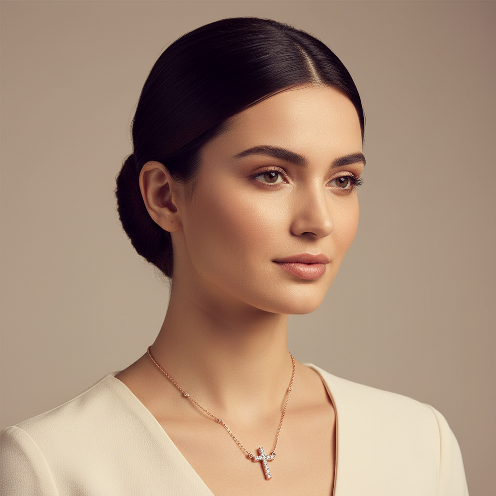 Red Crystal Cross Pendant Necklace With Rose Tone Chain - Two