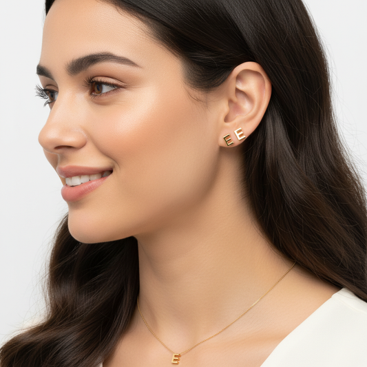 White Gold Letter E Initial Stud Earrings