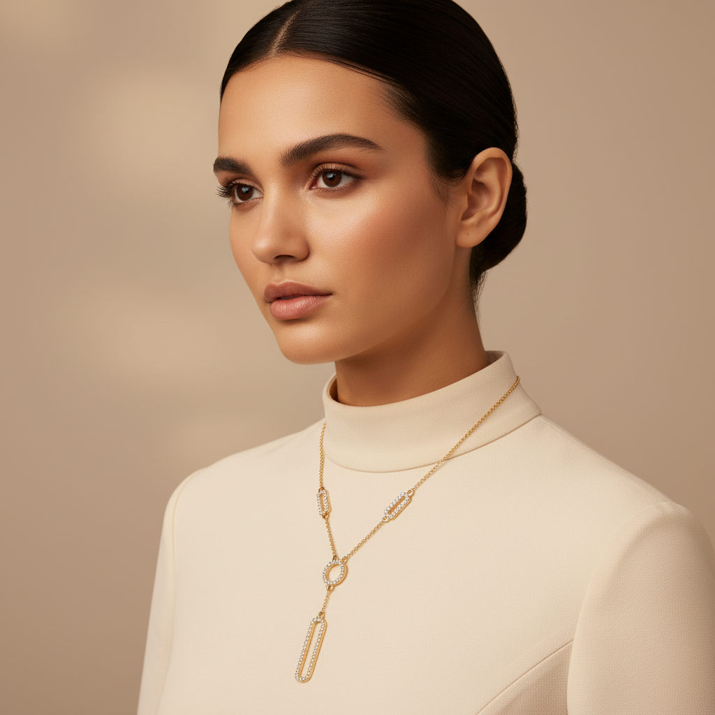Diamond Geometric Drop Y Necklace In White Gold | Modern Pave Circle & Bar Design (16–17 Inch Adjustable) | Jebij - Two
