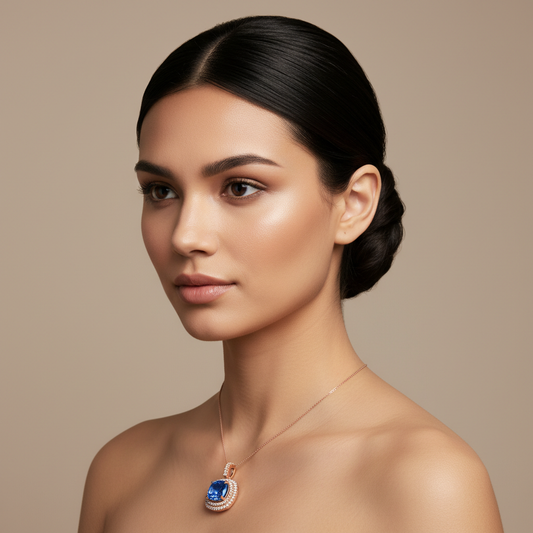 Blue Sapphire Cushion Cut Double Halo Diamond Pendant Necklace in White Gold