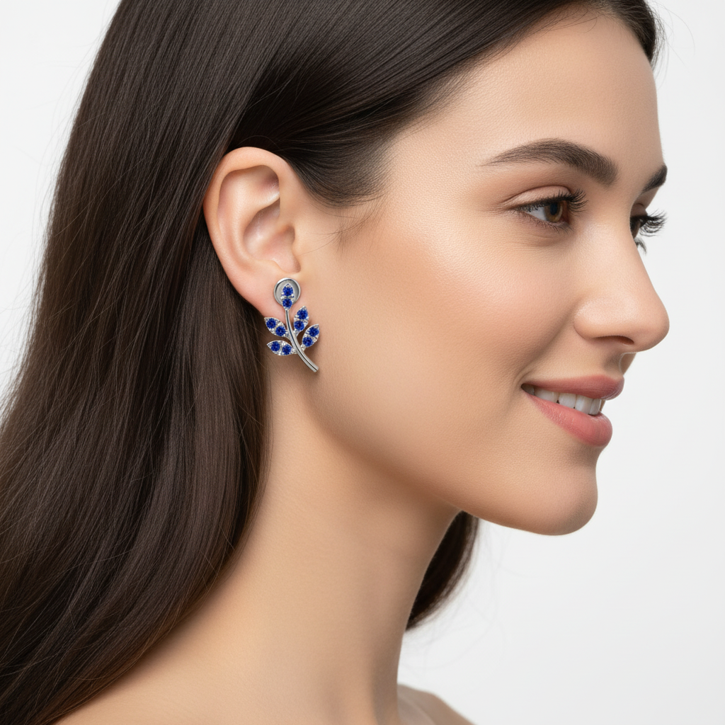 Blue Crystal Leaf Branch Stud Earrings - Two