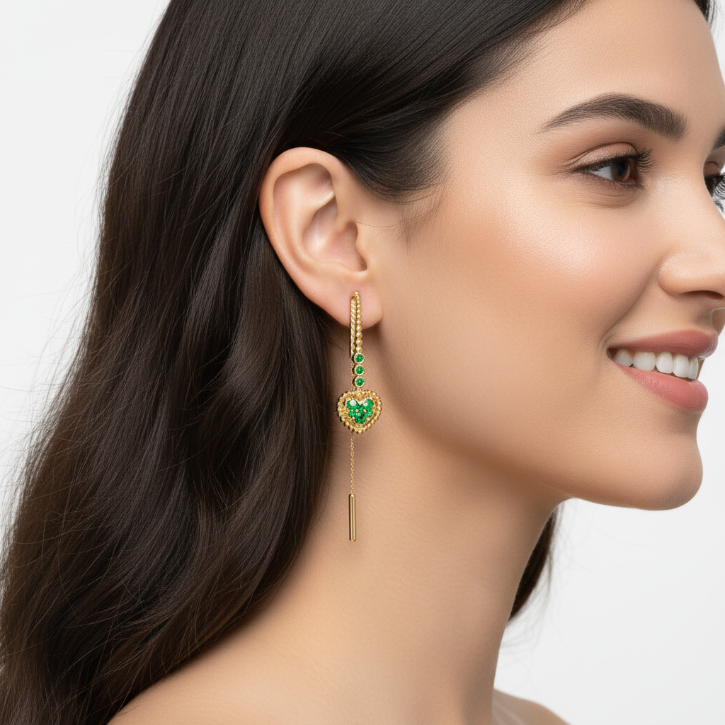 Emerald Heart Threader Earrings With Bar Drop Chain Detail - Two