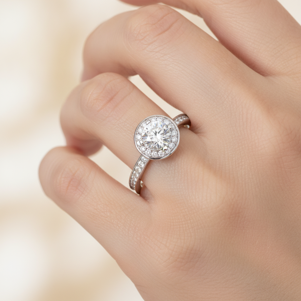 Nemo Classic Halo Diamond Engagement Ring In 925 Sterling Silver - Fourteen