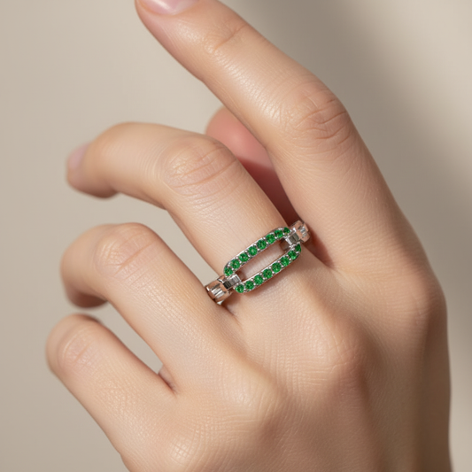 Lab-Grown Emerald Interlocking Link Ring in White Gold | Modern Chain Style Statement Ring for Women | Jebij