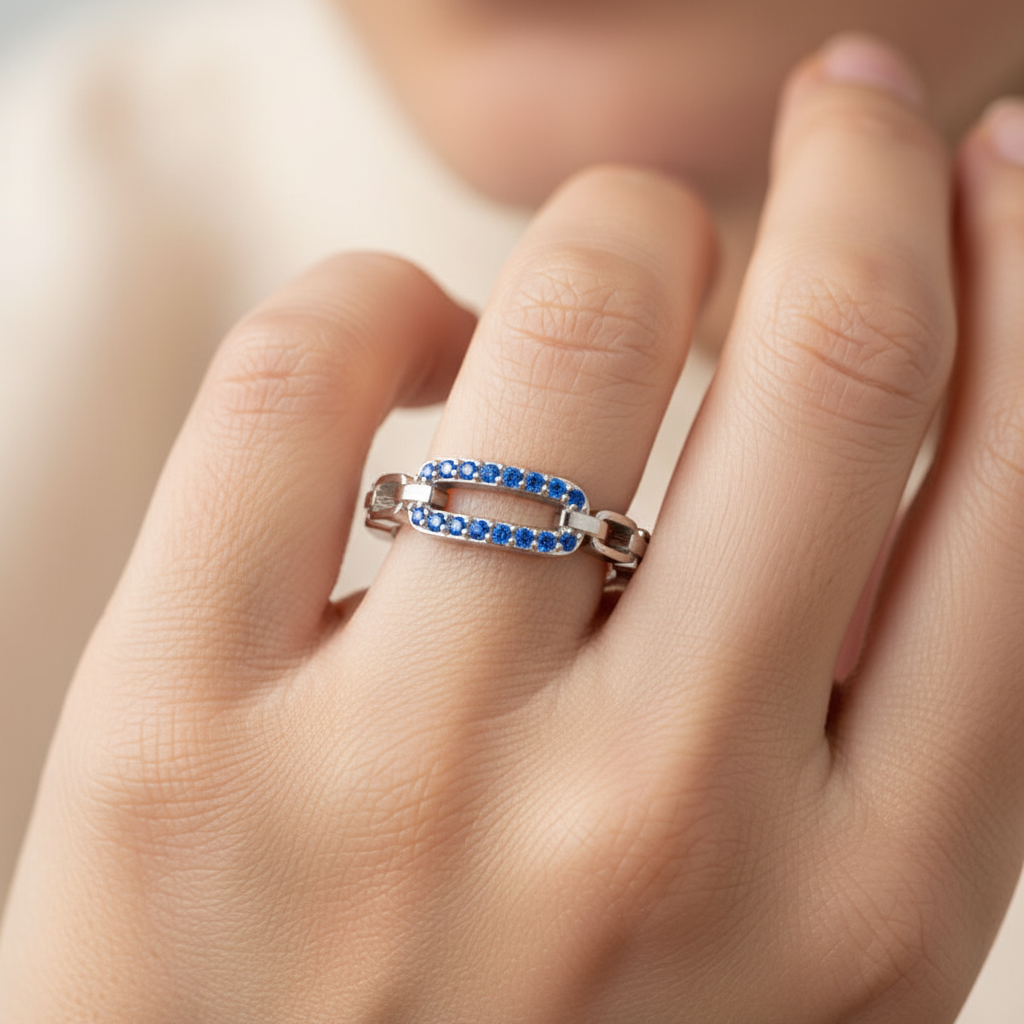 Lab-Grown Blue Sapphire Interlocking Link Ring In White Gold | Modern Chain Style Statement Ring For Women | Jebij - Two