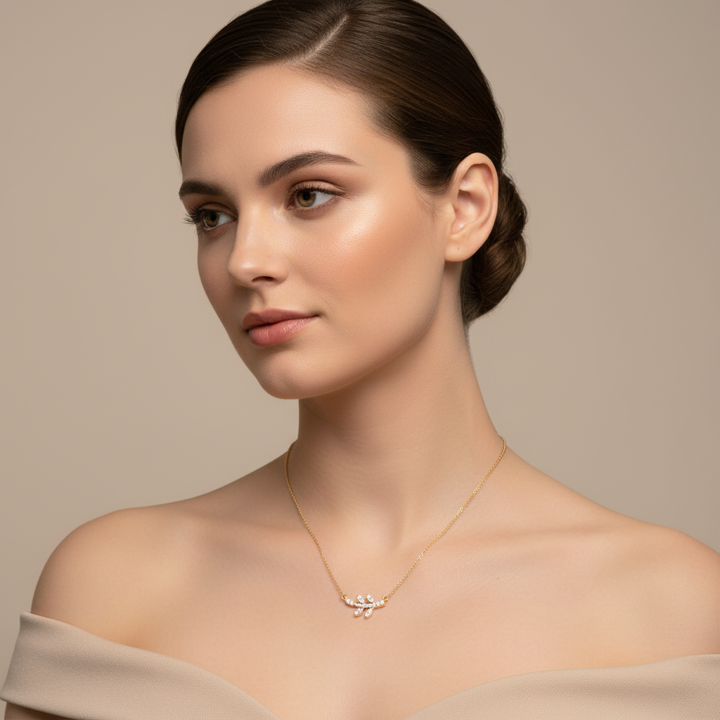Delicate Leaf Branch Pendant Necklace With Pav Crystals - Two