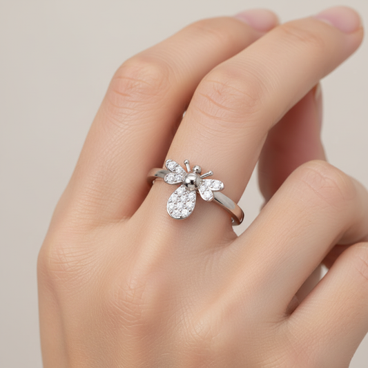 Dainty Bee Ring with Pav Crystal Wings and Body