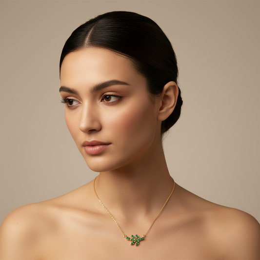Green Crystal Leaf Branch Pendant Necklace - Two