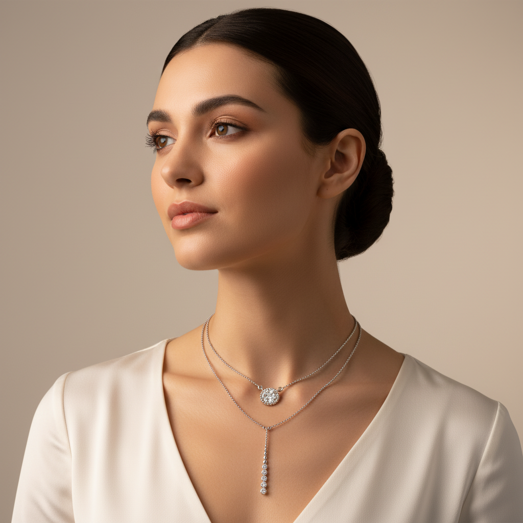 Layered Crystal Halo And Linear Drop Pendant Necklace Set - Two