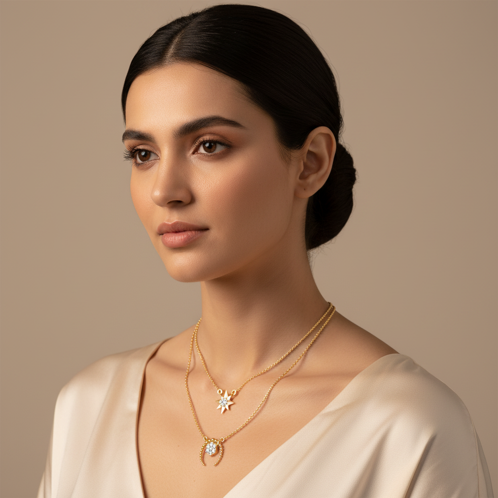 Layered Star And Circle Pendant Necklace With Crystal Accents - Two
