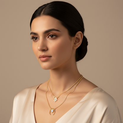 Layered Star And Circle Pendant Necklace With Crystal Accents - Two