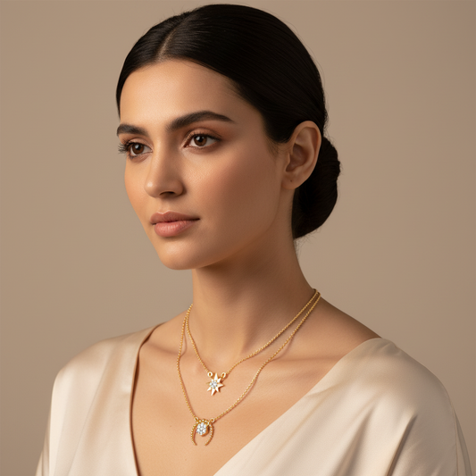 Layered Star And Circle Pendant Necklace With Crystal Accents - Two
