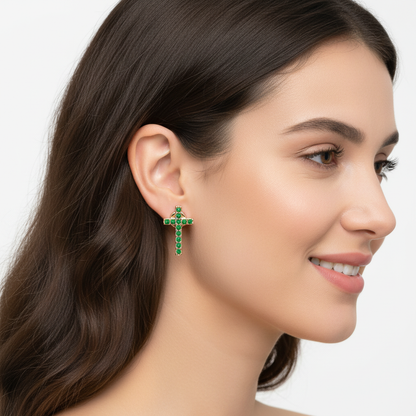 Emerald Cross Stud Earrings With Screw Back Closure - Two