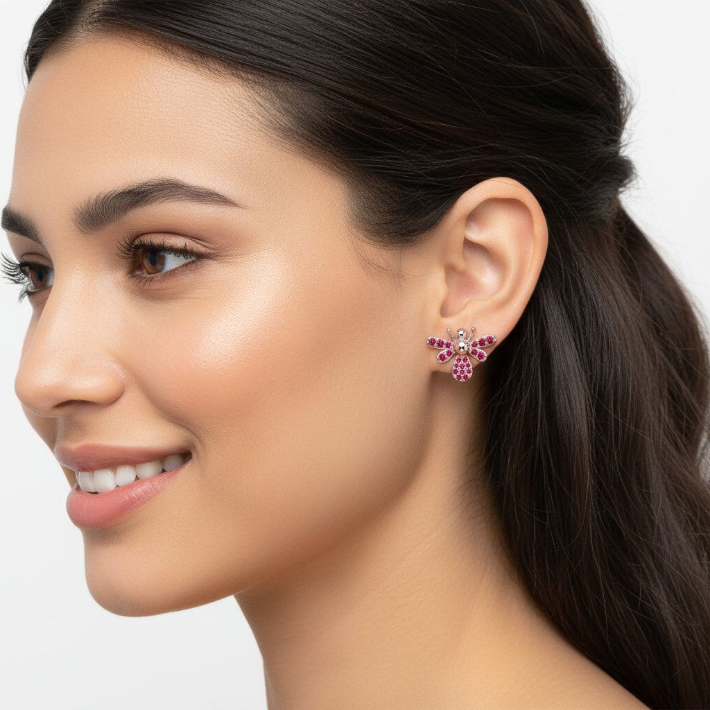 Ruby Bee Stud Earrings With Pav Wings - Two
