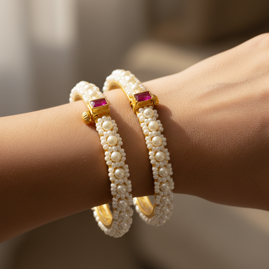 Hand Crafted Pearl Gold Plated Bangles with Pink Stone Accents  Set of 2