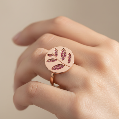 Pink Sapphire Leaf Disc Ring - Two