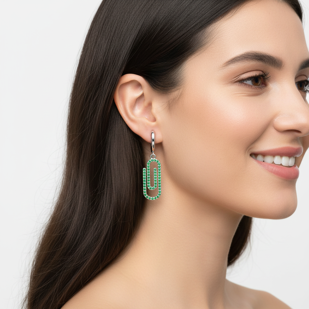 Emerald Paperclip Link Huggie Hoop Earrings - Two