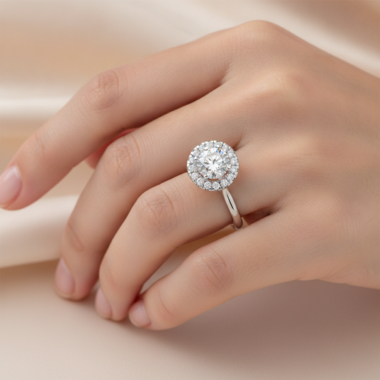 Serene Classic Halo Diamond Engagement Ring In 925 Sterling Silver - Fourteen