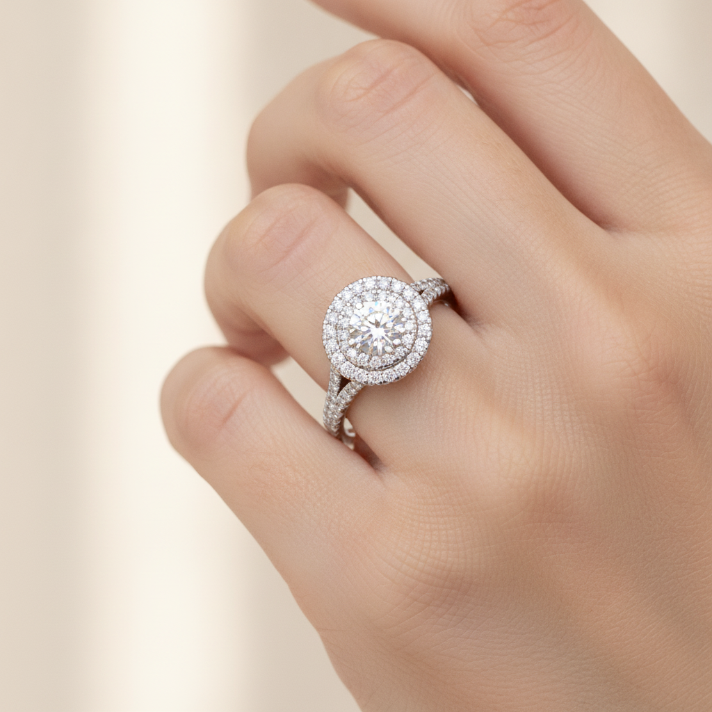 Doiet Classic Halo Diamond Engagement Ring In 925 Sterling Silver - Fourteen