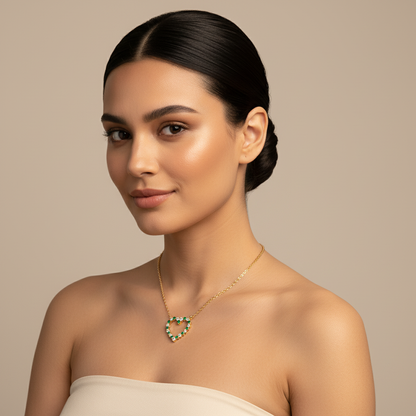 Emerald And Diamond Heart Pendant Necklace In 14K Yellow Gold - Two