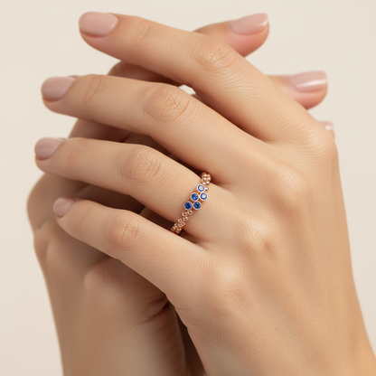 Lab-Grown Blue Sapphire Cluster Ring in Rose Gold – Minimal Beaded Band Stackable Ring | Jebij