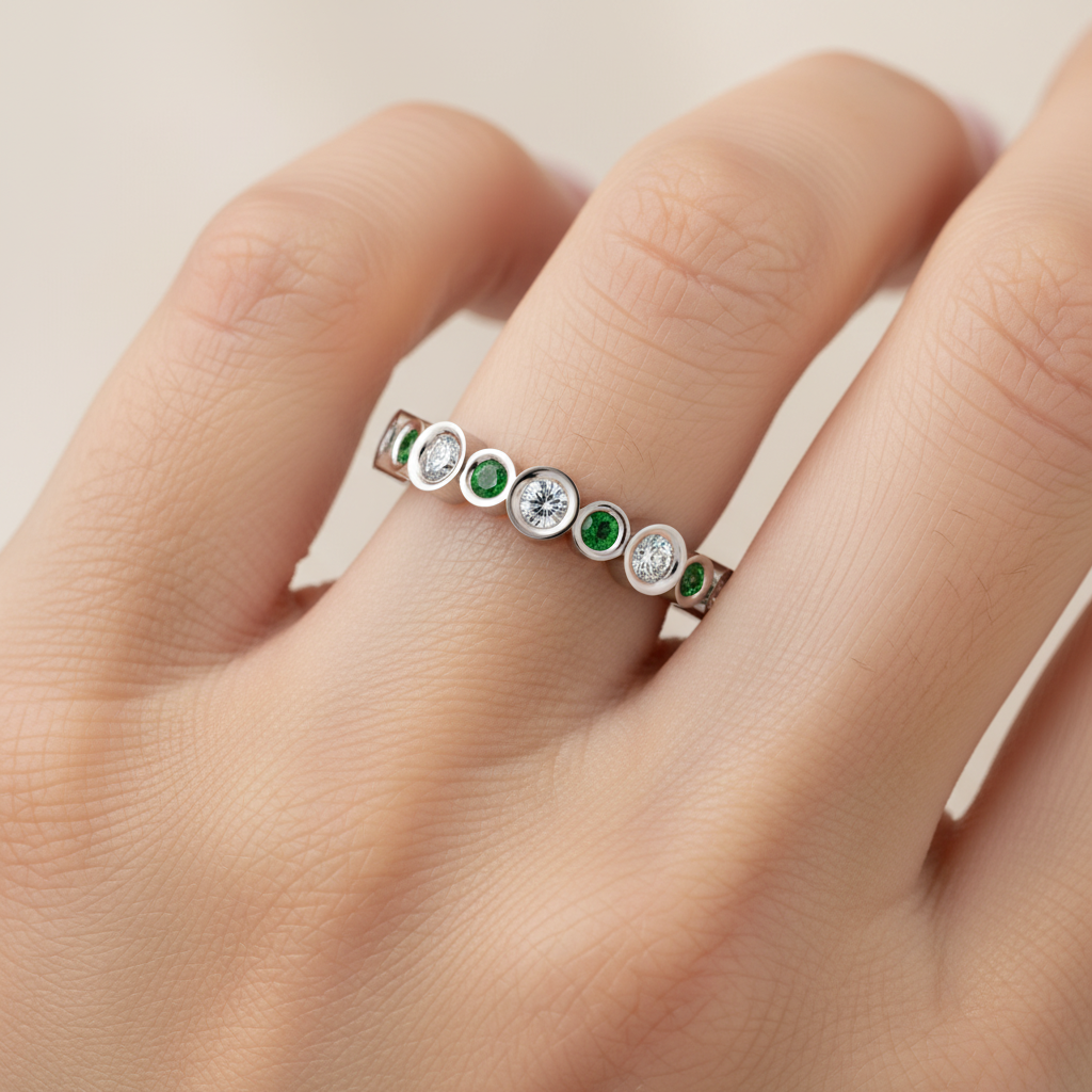 Emerald And Diamond Bezel Set Stackable Band Ring - Two