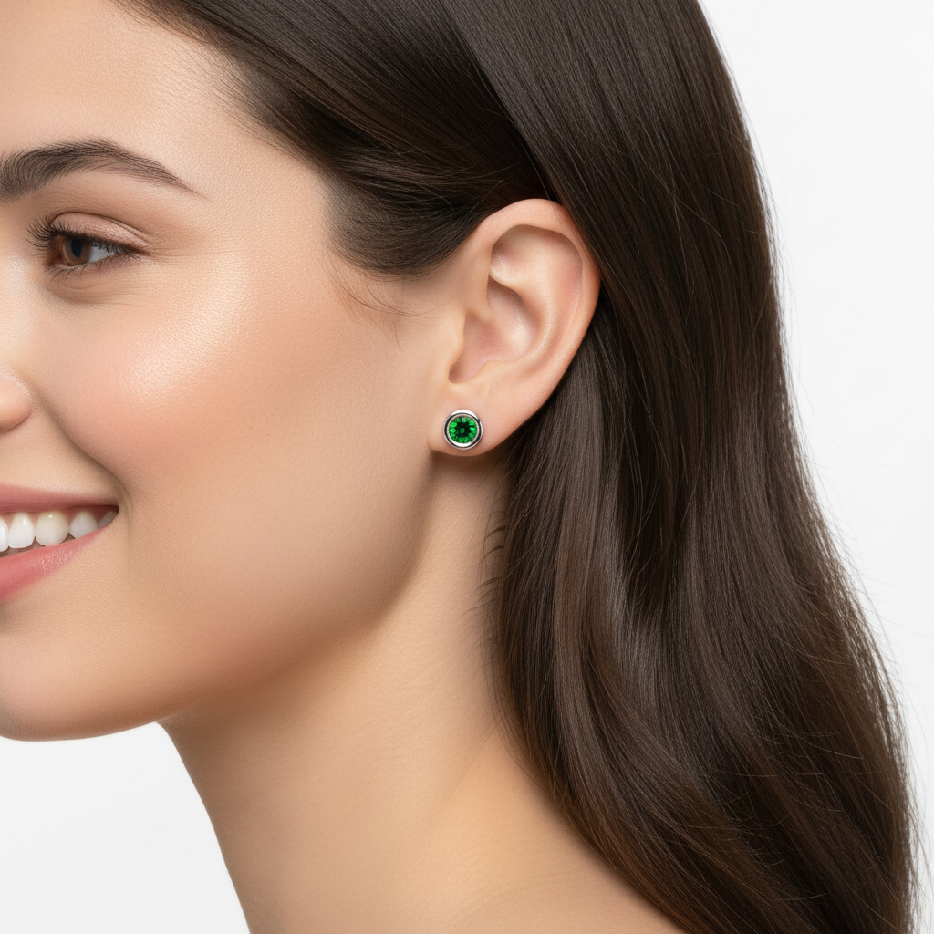 Green Crystal Bezel Set Stud Earrings - Two