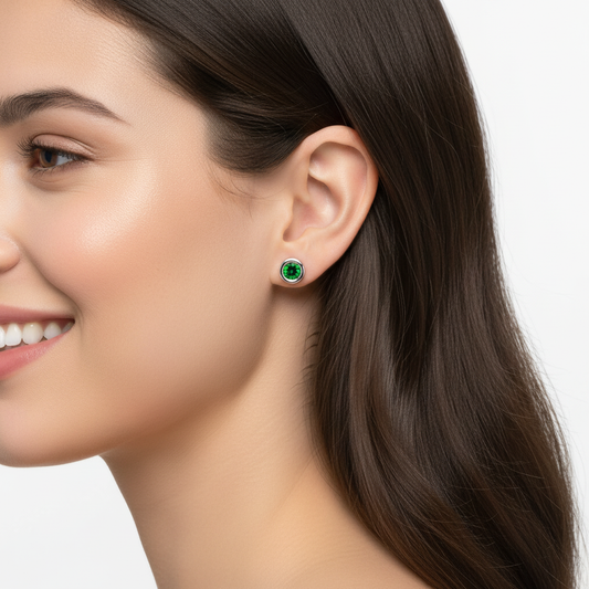 Green Crystal Bezel Set Stud Earrings - Two