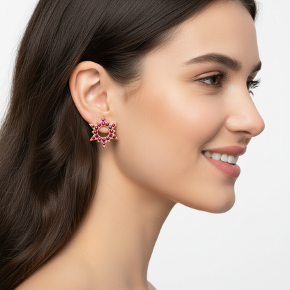 Ruby Starburst Halo Stud Earrings - Two