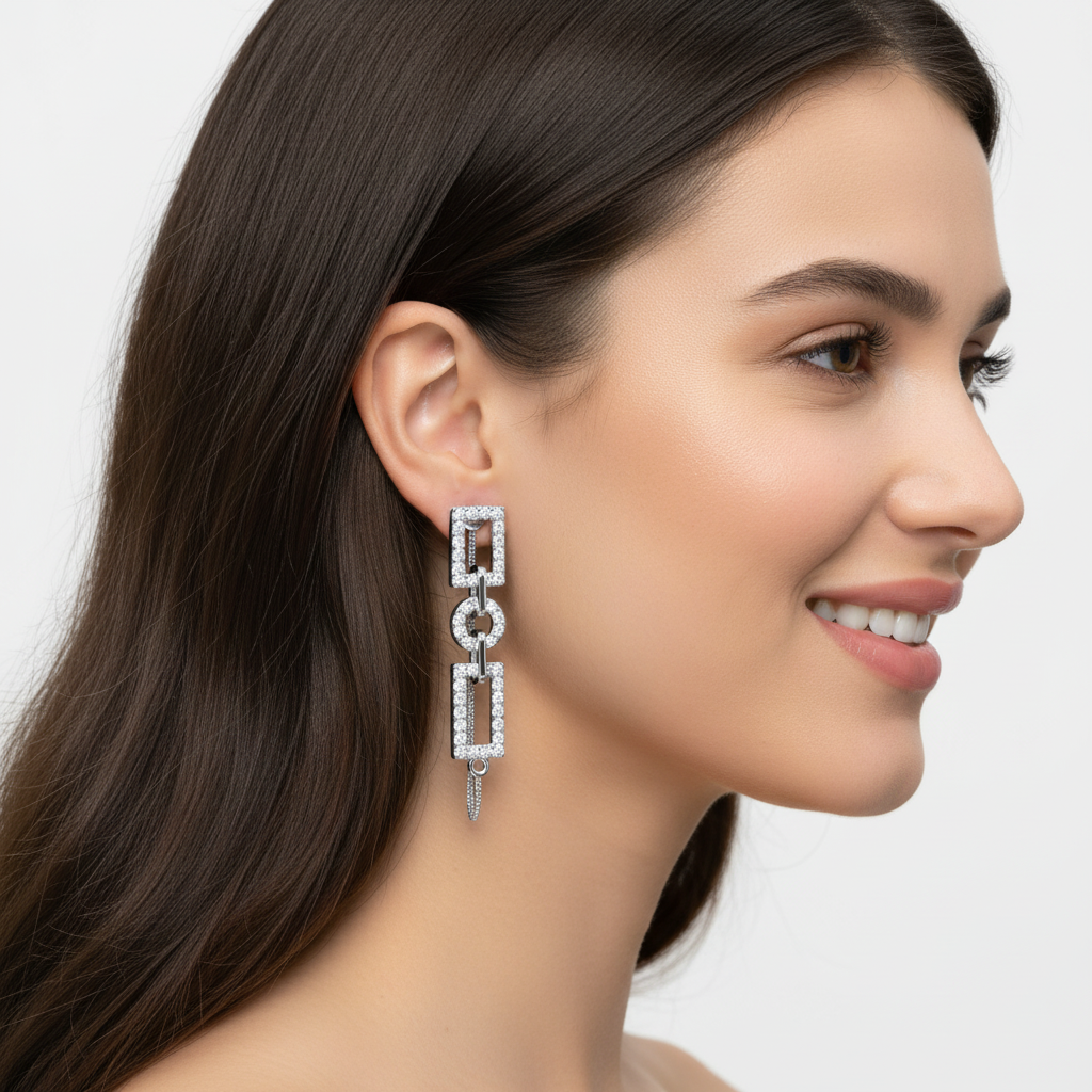 Geometric Chain Link Pav Drop Earrings - Two