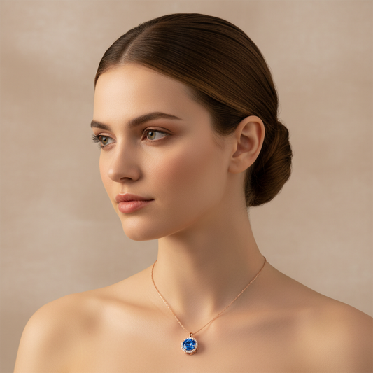 Blue Sapphire Diamond Halo Pendant Necklace in White Gold