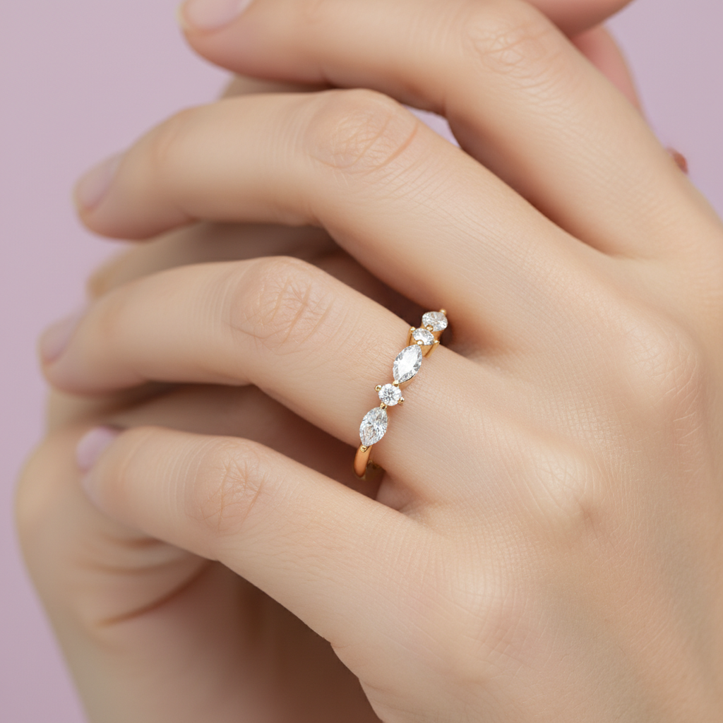 Marquise And Round Diamond Open Cuff Ring In White Gold - Twelve